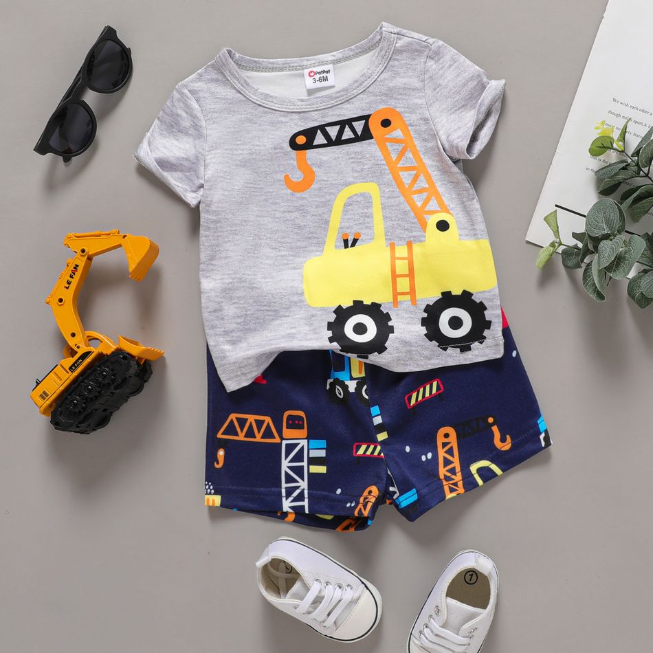 2pcs Baby Boy Excavator Print Round Neck  Short-sleeve T-shirt and Shorts Set Colorful