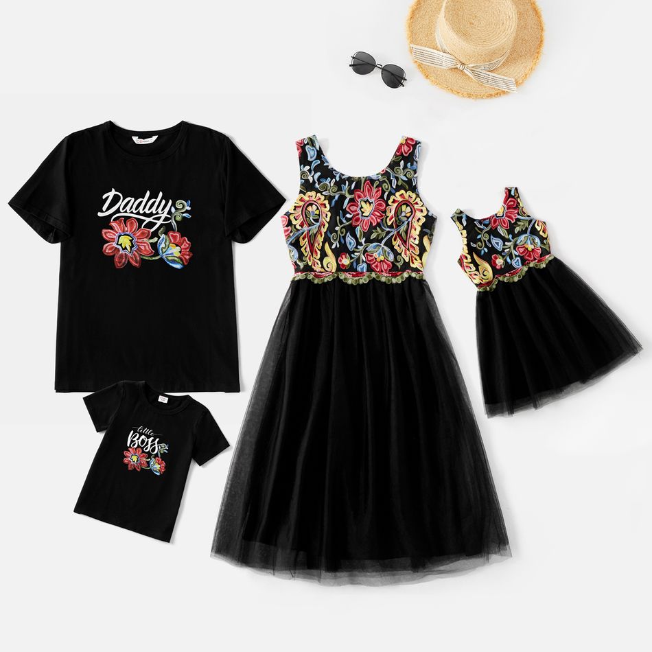 Embroidered Floral Print Family Matching Black/Red Sets Black
