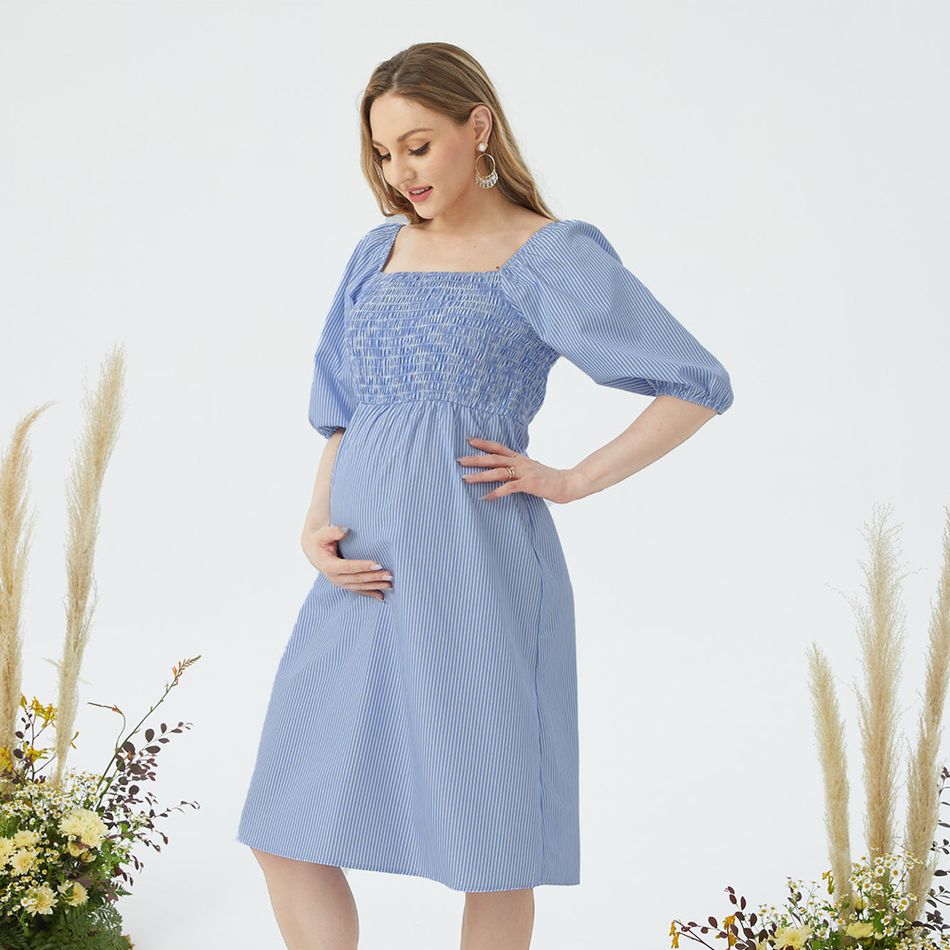 Maternity Square Neck Puff Sleeve Shirred Dress Blue big image 2