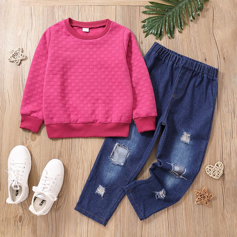 2pcs Kid Girl Textured Pink Sweatshirt and Ripped Denim Jeans Set Hot Pink