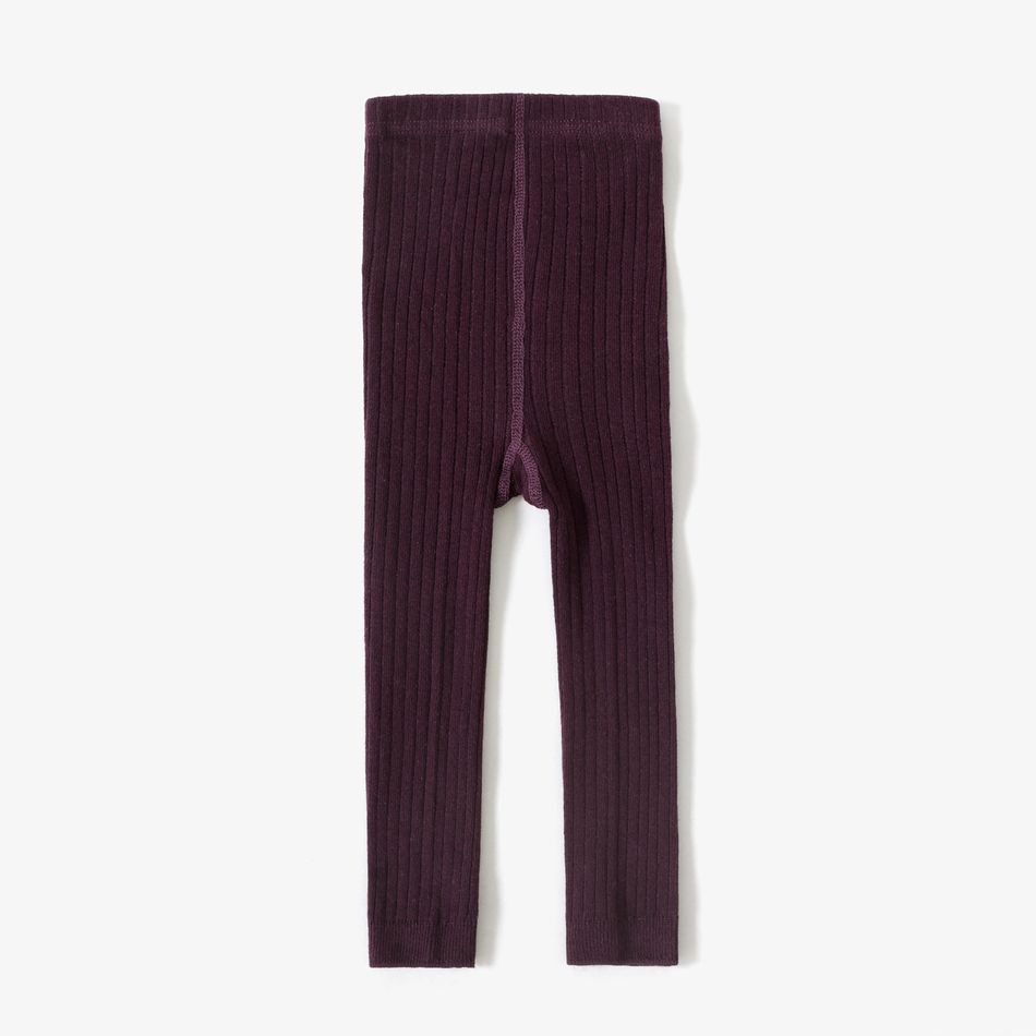Kid Girl Solid Color Ribbed Textured Cotton Leggings Purple big image 1