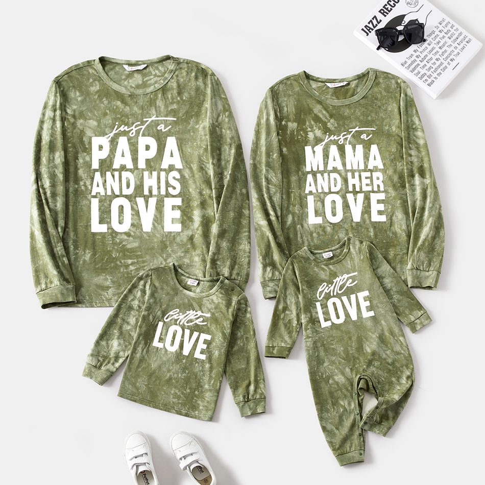 100% Cotton Family Matching Letter Print Tie Dye Long-sleeve Pullover Sweatshirts Army green