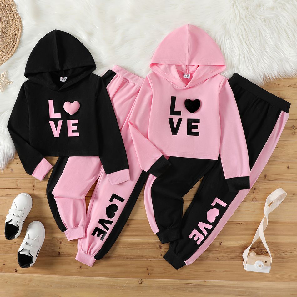 2pcs Kid Girl Letter Print Colorblock 3D Heart Design Hoodie Sweatshirt and Elasticized Pants Set Pink big image 2