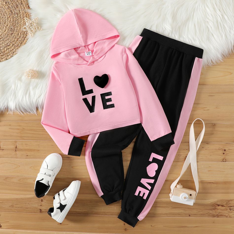 2pcs Kid Girl Letter Print Colorblock 3D Heart Design Hoodie Sweatshirt and Elasticized Pants Set Pink