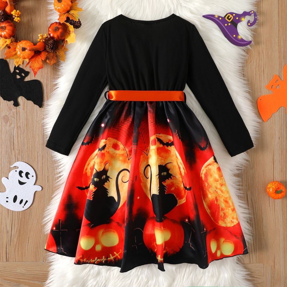 Kid Girl Halloween Graphic Print Splice Belted Long-sleeve Dress Black big image 2