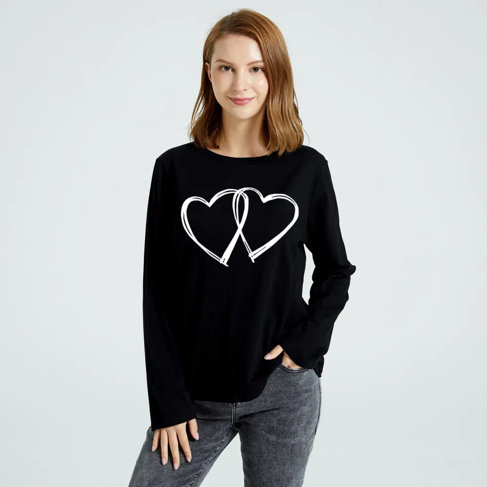 Women Graphic Print Round-collar Long-sleeve Tee Black