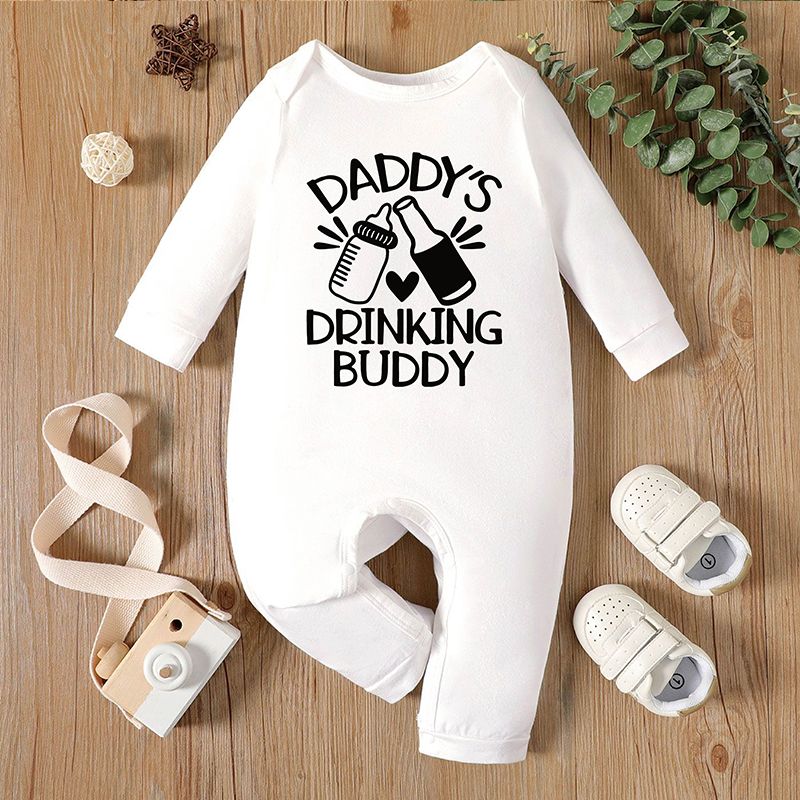 Baby Boy 95% Cotton Long-sleeve Milk and Beer Bottle & Letter Print Jumpsuit White