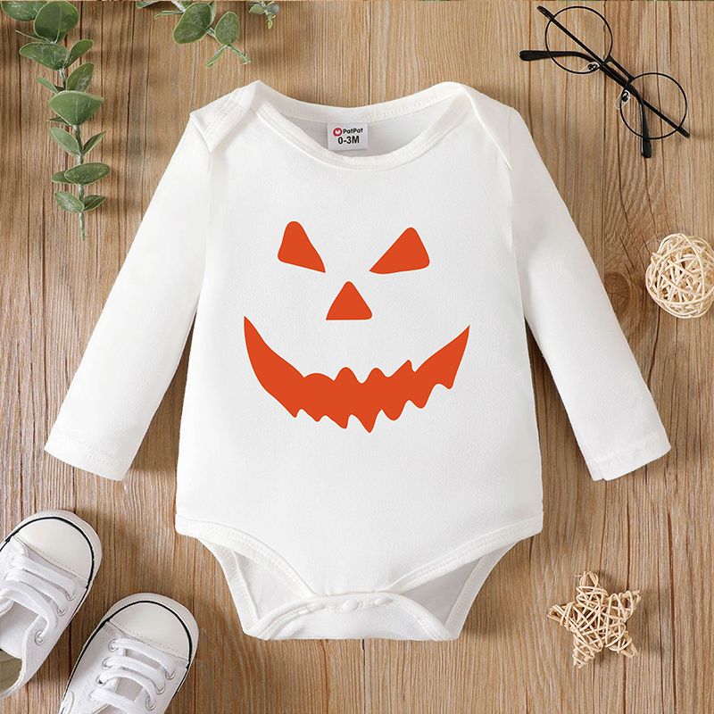 Halloween Baby Boy/Girl 95% Cotton Long-sleeve Pumpkin Face Print Romper White
