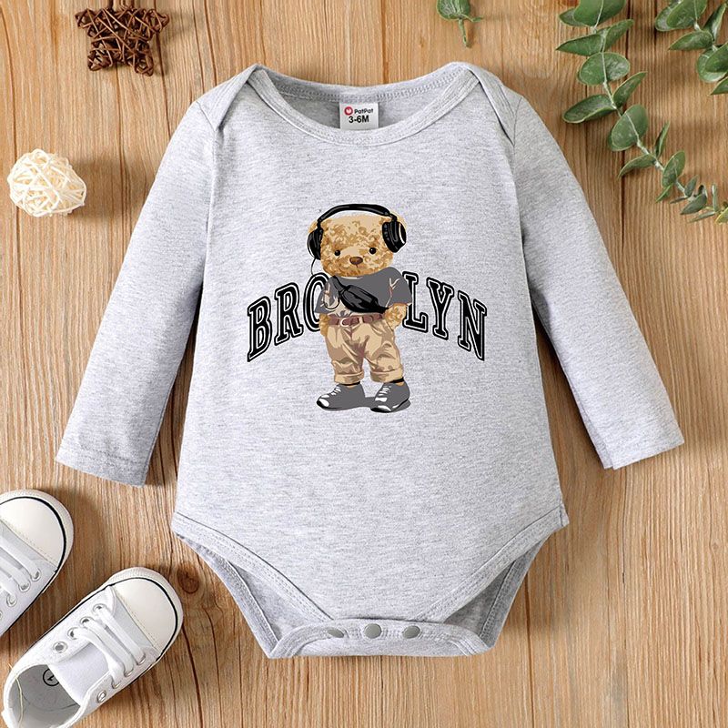 Baby Boy 95% Cotton Long-sleeve Bear & Letter Print Grey Romper Grey