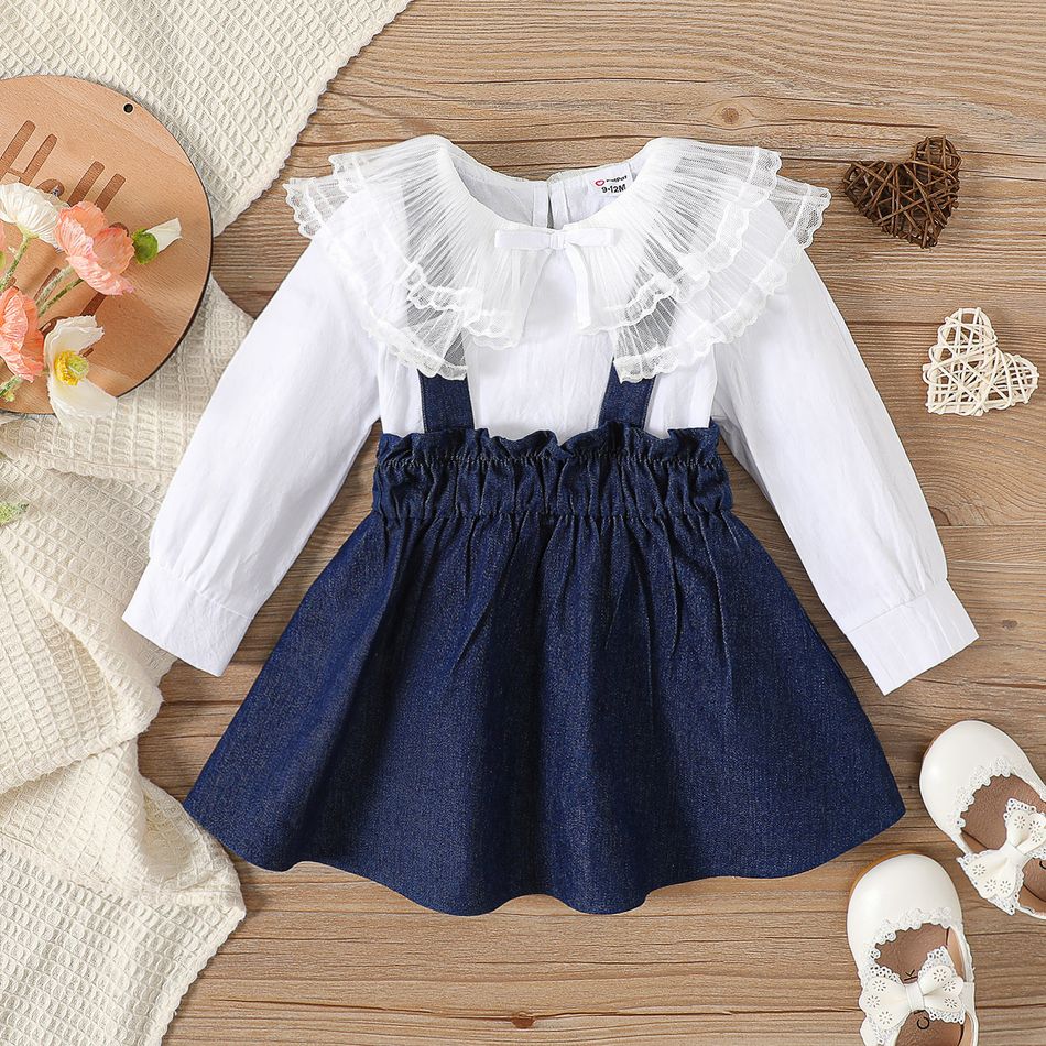 2pcs Baby Girl 100% Cotton Long-sleeve Layered Mesh Statement Collar Top and Imitation Denim Suspender Skirt Set White