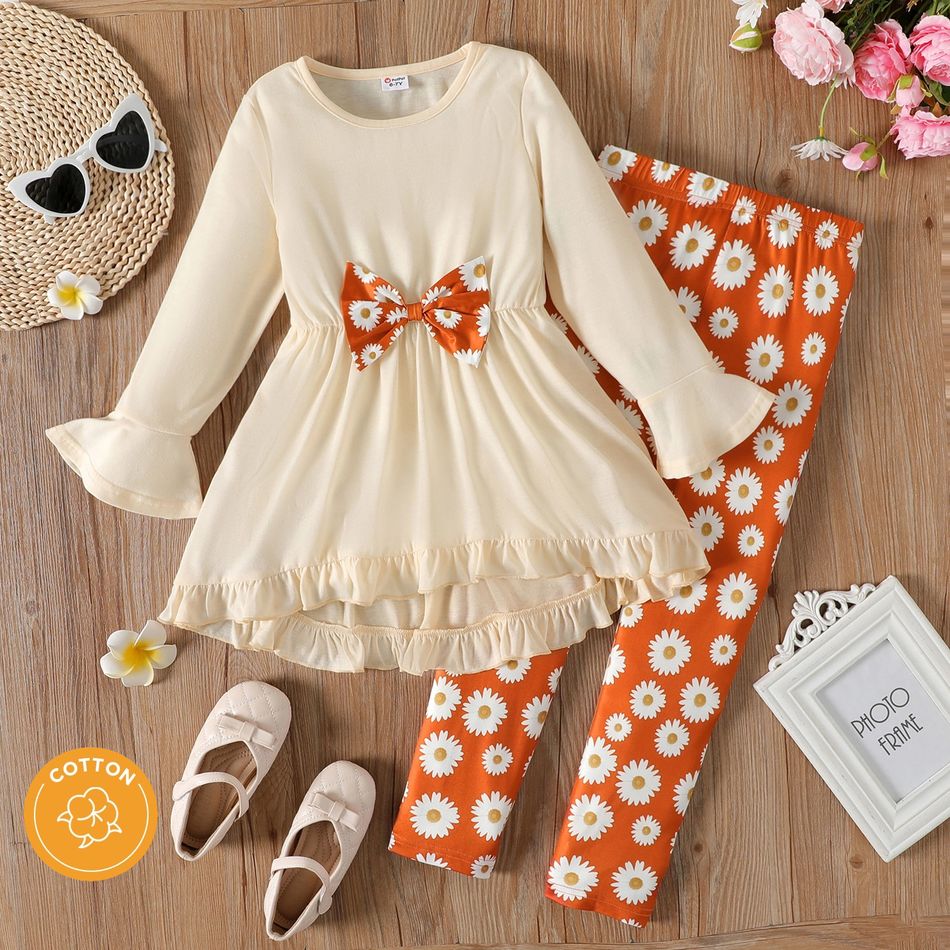 2pcs Kid Girl Bowknot Design Ruffled High Low Tee (100% Cotton) and Floral Print Leggings Set Apricot