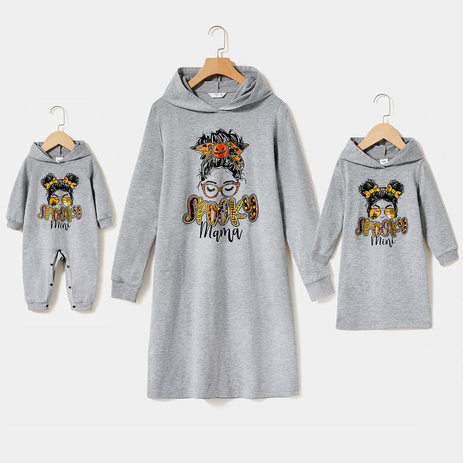 Figure & Letter Print Grey Long-sleeve Hoodie Dress for Mom and Me Grey