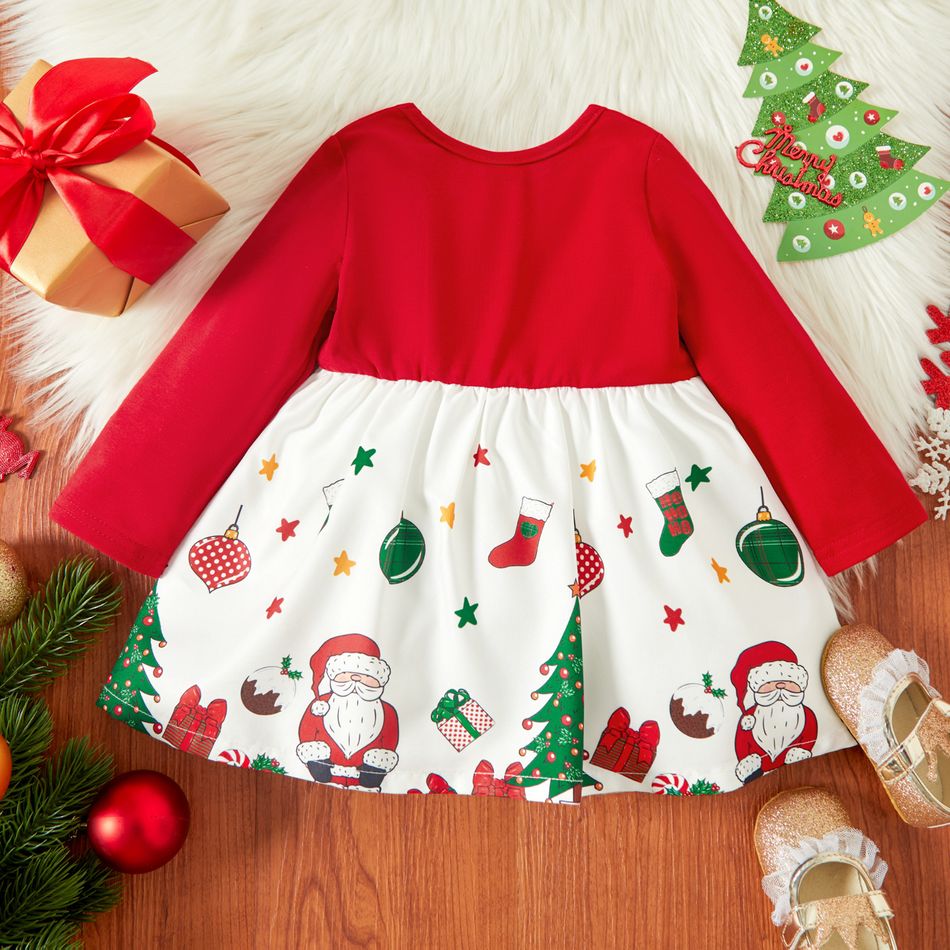 Christmas Baby Girl Bow Front Solid Long-sleeve Spliced Print Dress Red-2 big image 3