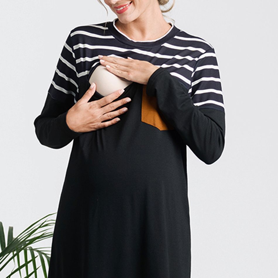 Nursing Striped Colorblock Pocket Patched Long-sleeve Tunic Dress Black big image 3
