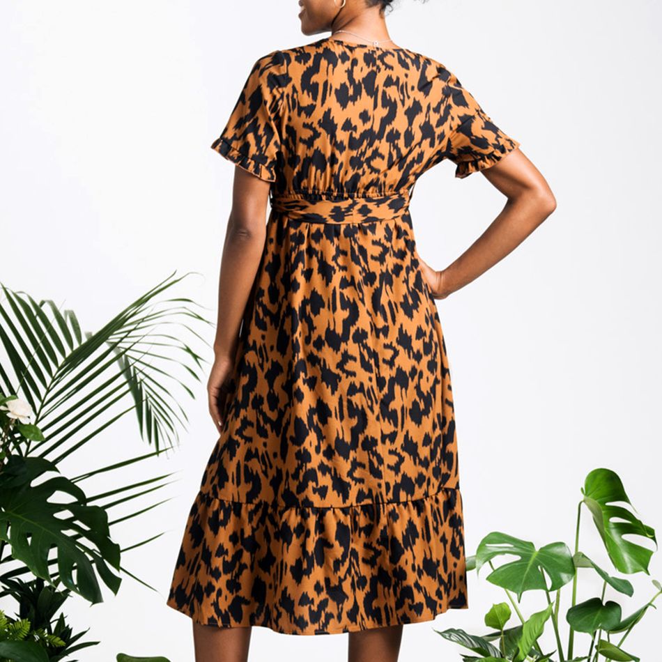 Nursing Leopard Print Short-sleeve Belted Dress Brown big image 5