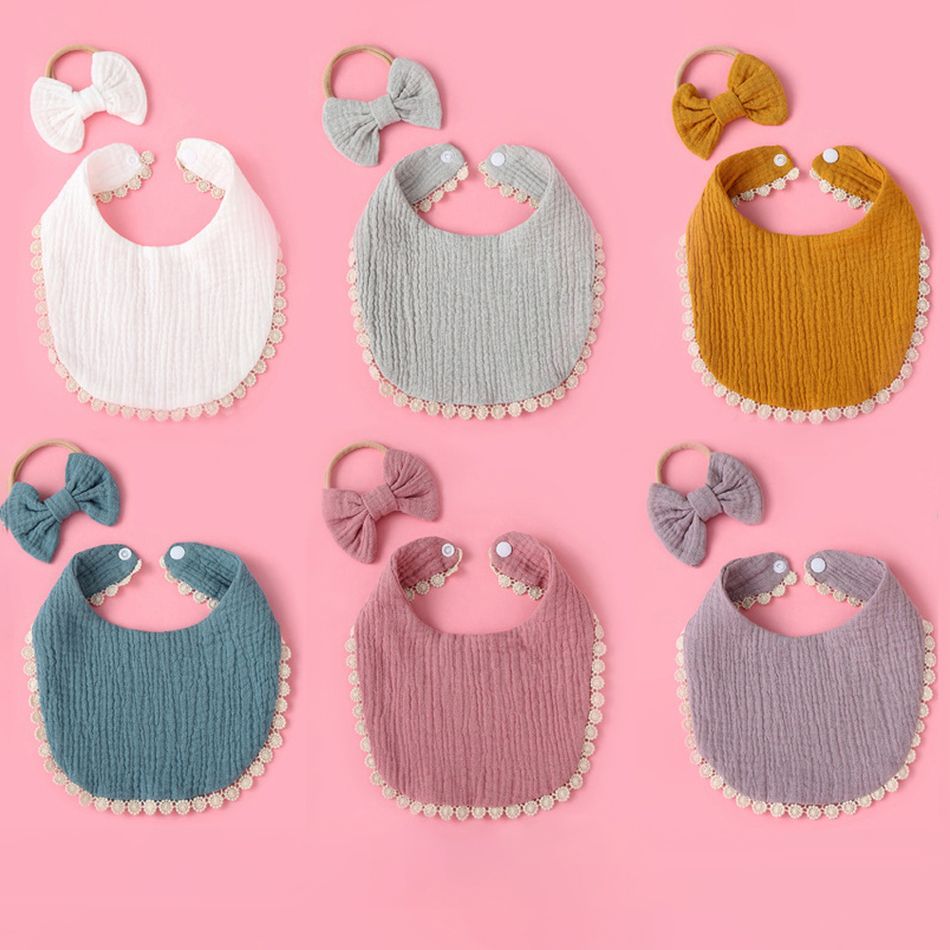 100% Cotton 2Pcs Baby Bibs Bows Headband Set for Newborns Toddler Saliva Towel Feeding Burp Cloths Ginger big image 6