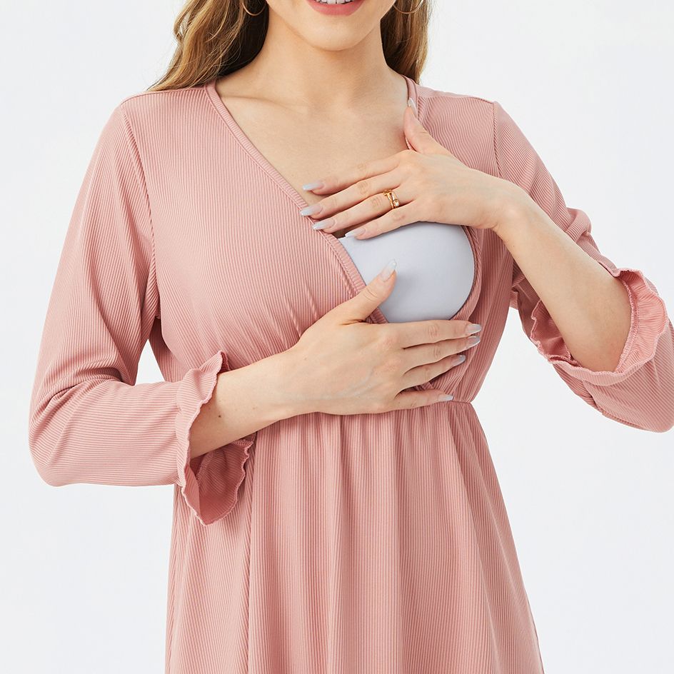 Nursing Ruffle Trim Pink Long-sleeve Nightdress Pajamas Pink big image 2