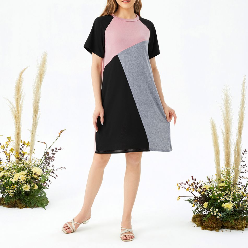 Nursing Color Block Short-sleeve Dress Dark Pink big image 4