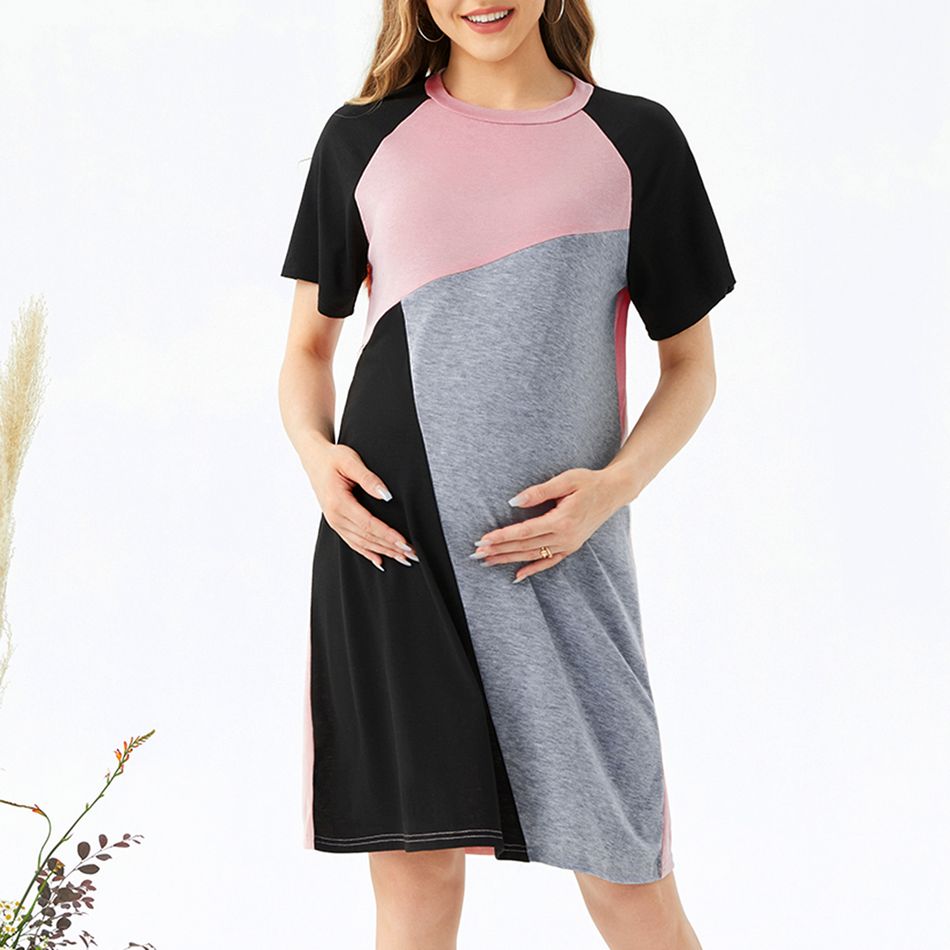 Nursing Color Block Short-sleeve Dress Dark Pink