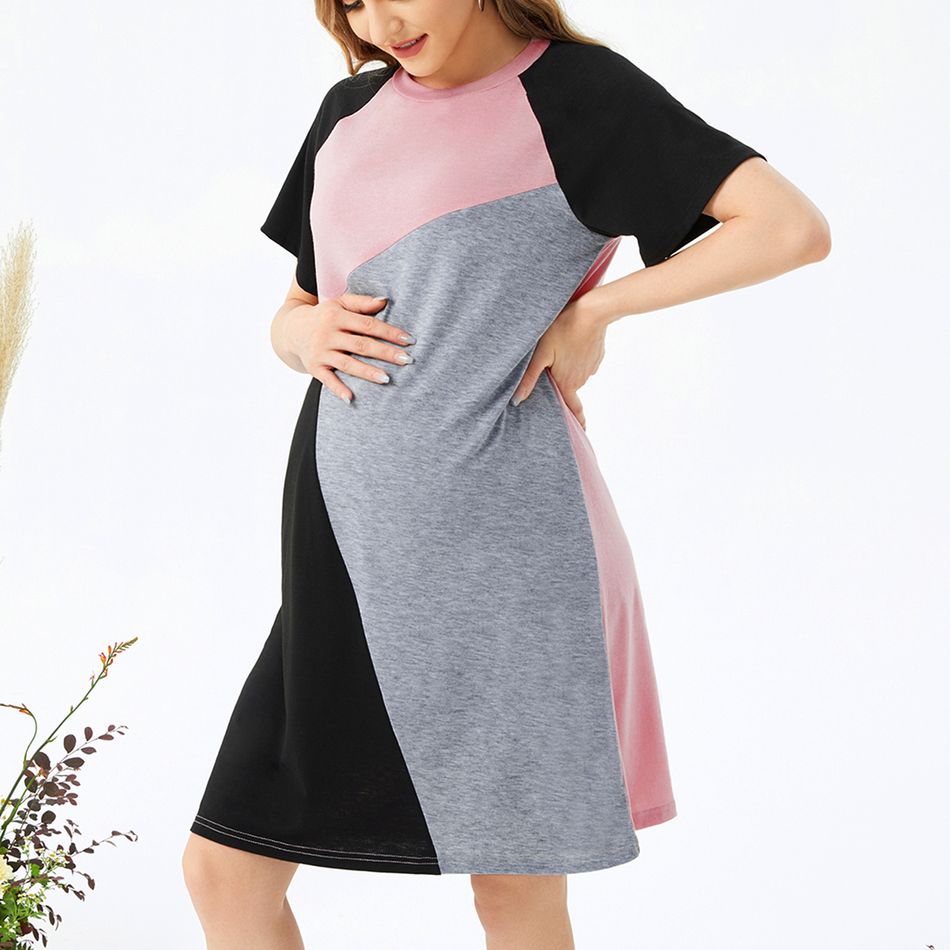 Nursing Color Block Short-sleeve Dress Dark Pink big image 2