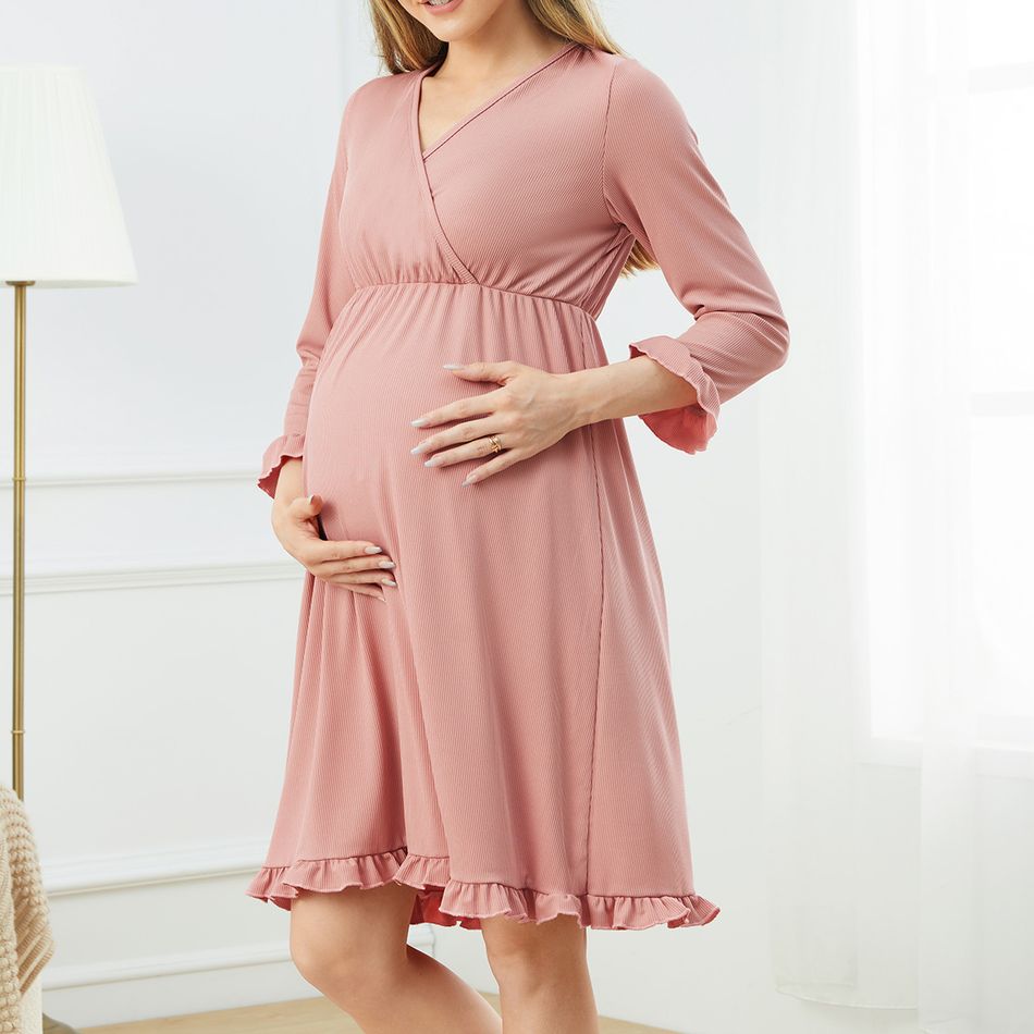 Nursing Ruffle Trim Pink Long-sleeve Nightdress Pajamas Pink big image 3