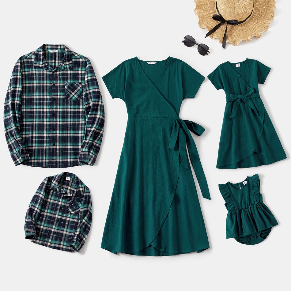 Family Matching 100% Cotton Dark Green Surplice Neck Self Tie Short-sleeve Dresses and Long-sleeve Plaid Shirts Sets DarkGreen