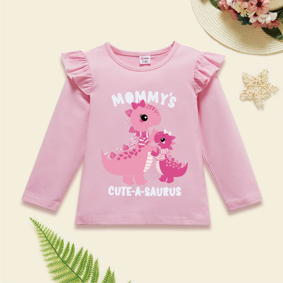 Toddler Girl Letter Animal Dinosaur Print Cotton Ruffled Light Pink Long-sleeve Tee Light Pink