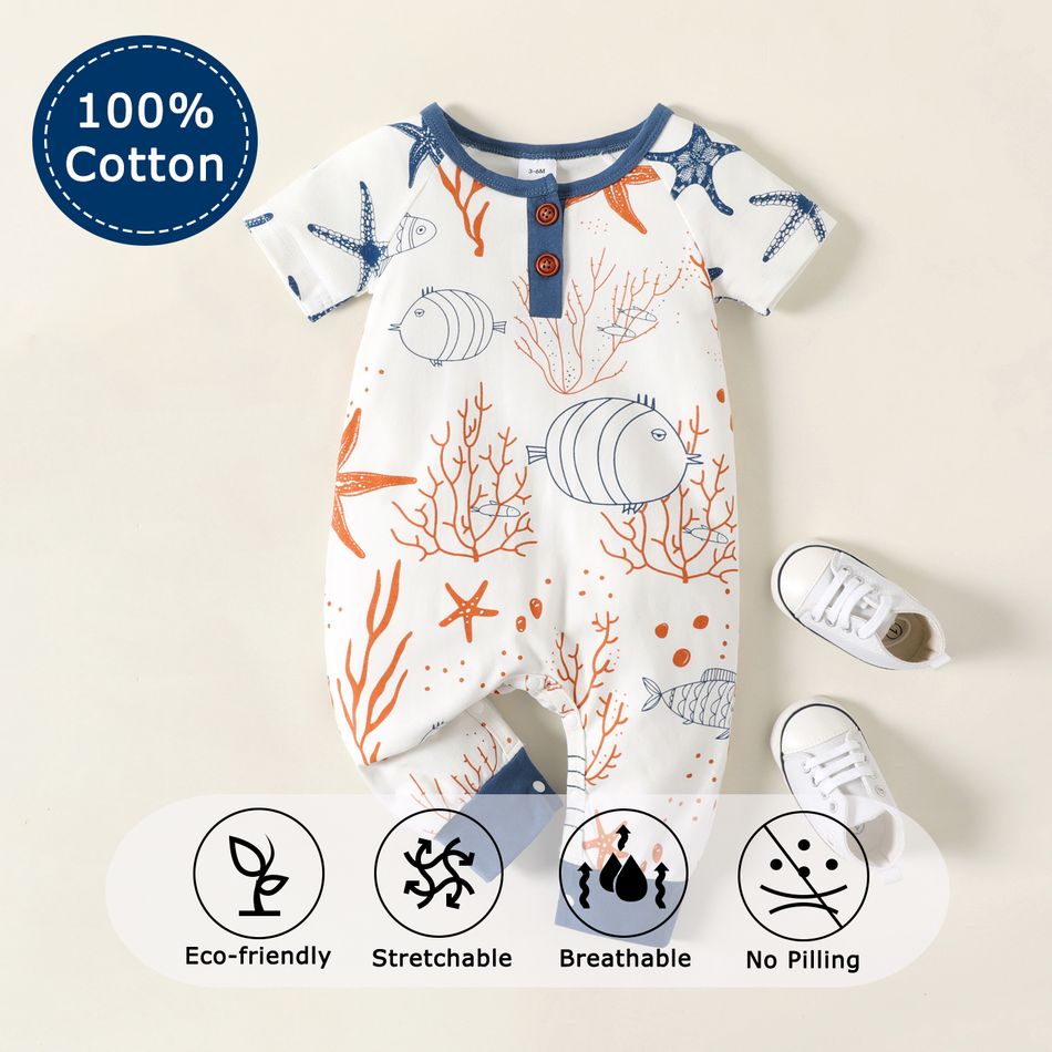 100% Cotton Baby Starfish Allover Short-sleeve White Jumpsuit White