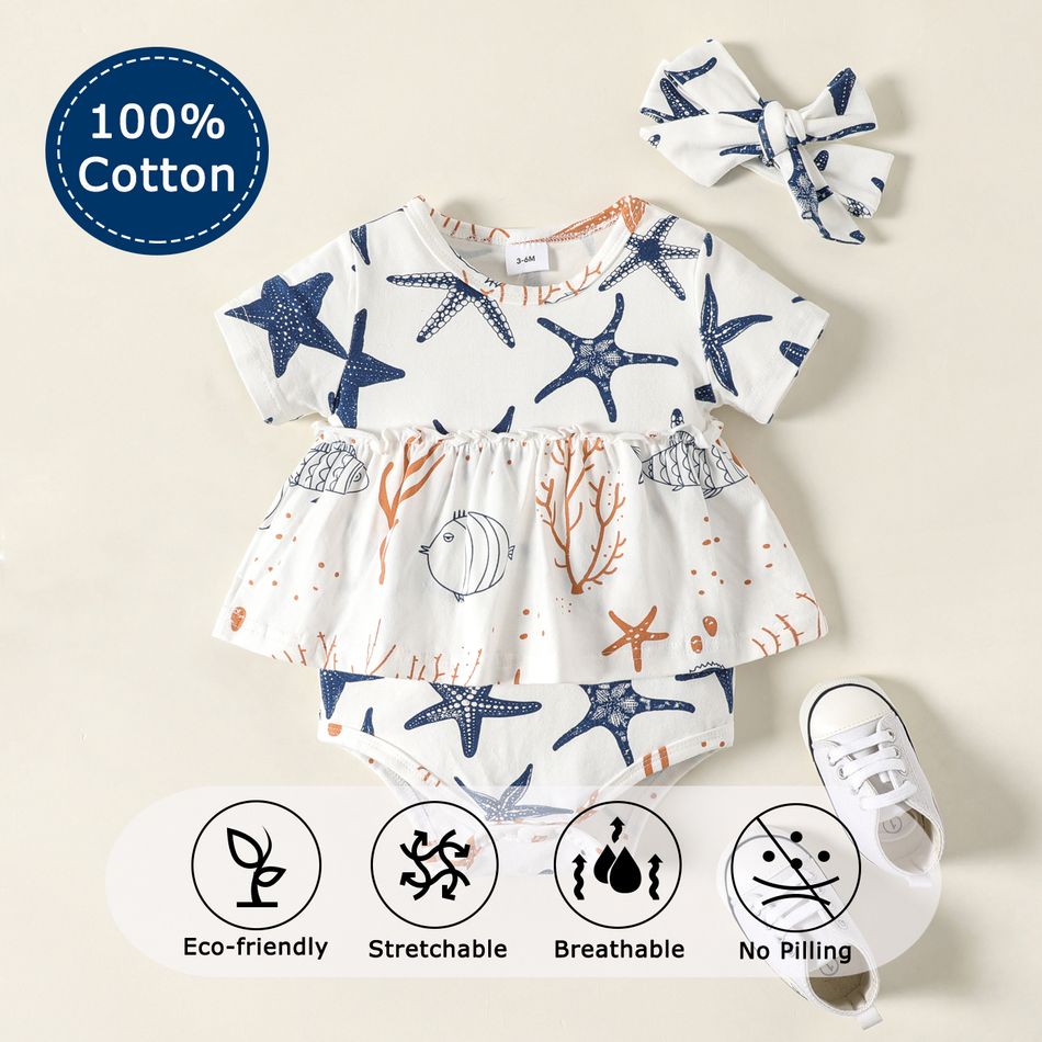 100% Cotton Baby Girl Starfish Allover Flounce Layered Short-sleeve White Romper with Headband Set White big image 1