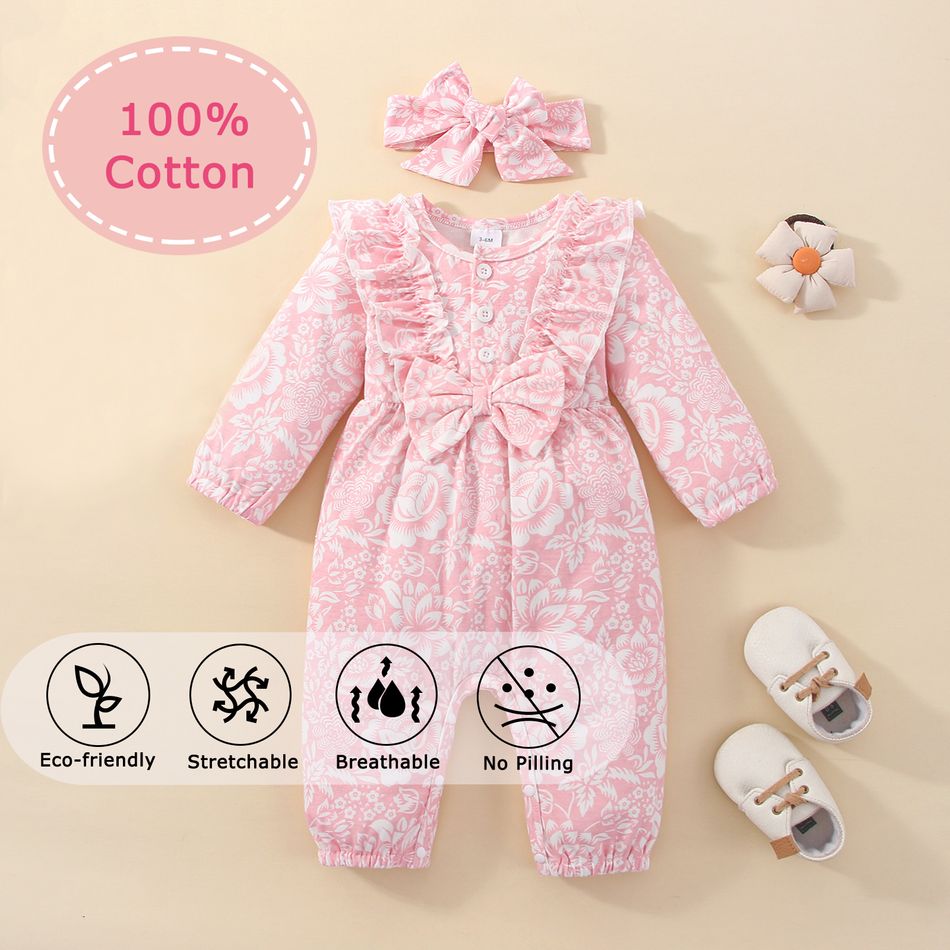Baby Girl 100% Cotton Floral Ruffle and Bow Decor Long-sleeve Pink Jumpsuit with Headband Set Pink