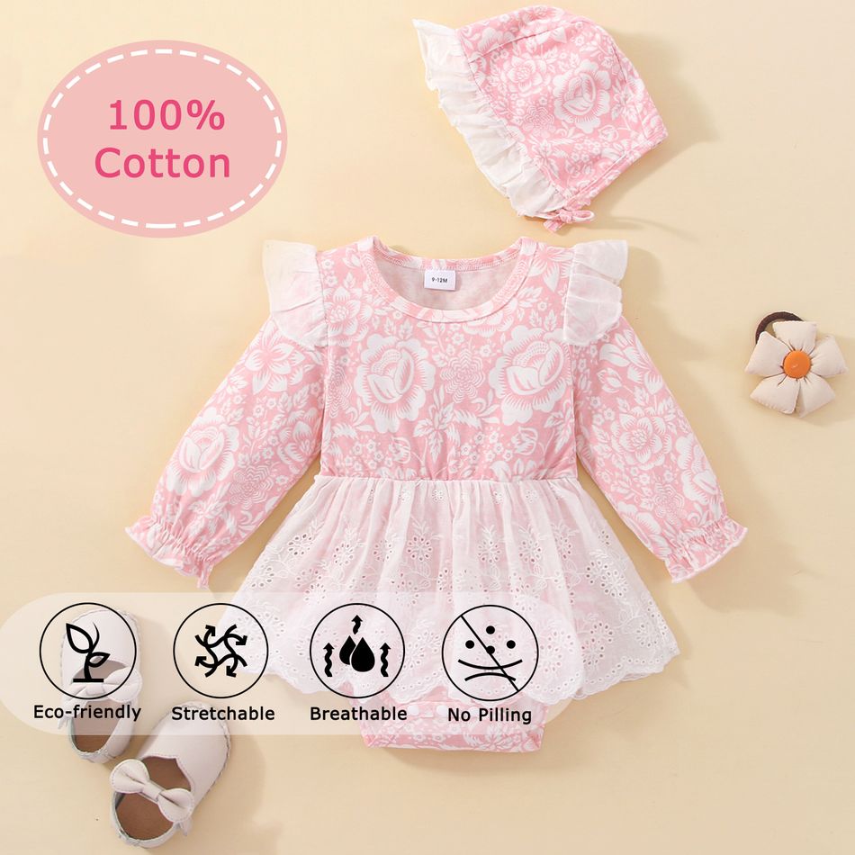 Baby Girl 100% Cotton 2pcs Floral Ruffle Decor Embroidery Layered Long-sleeve Pink Romper with Hat Set Pink