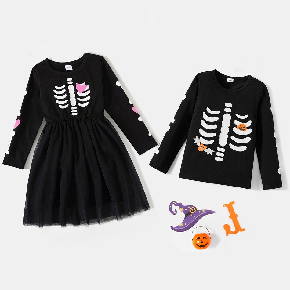 Halloween Skeleton Print Black Sibling Matching Long-sleeve Set Black big image 1