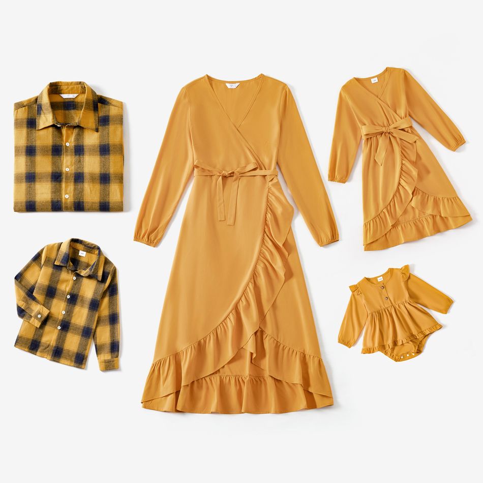 Family Matching Long-sleeve Solid Surplice Neck Belted Ruffle Trim Dresses and Plaid Shirts Sets Yellow