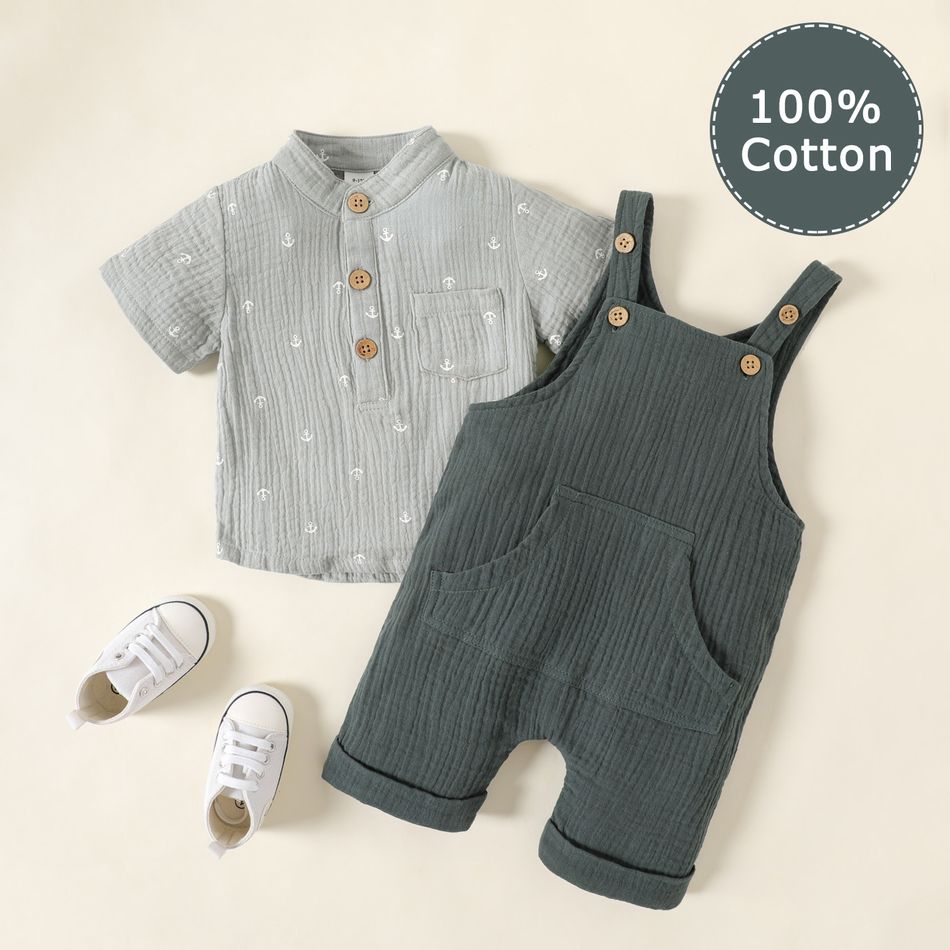 100% Cotton Crepe Anchor Allover Stand Collar Short-sleeve Grey Shirt and Dark Grey Overalls Set Light Grey