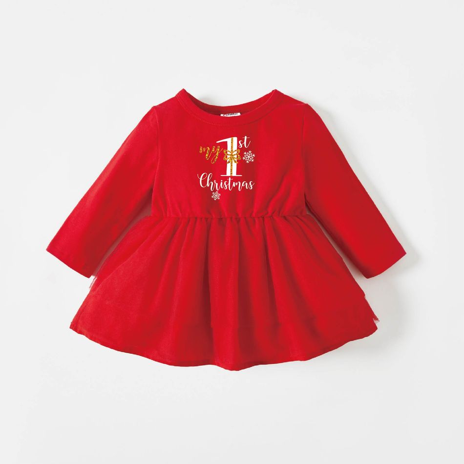 Christmas Baby Girl 95% Cotton Long-sleeve Snowflake & Letter Print Red Mesh Dress Red big image 1