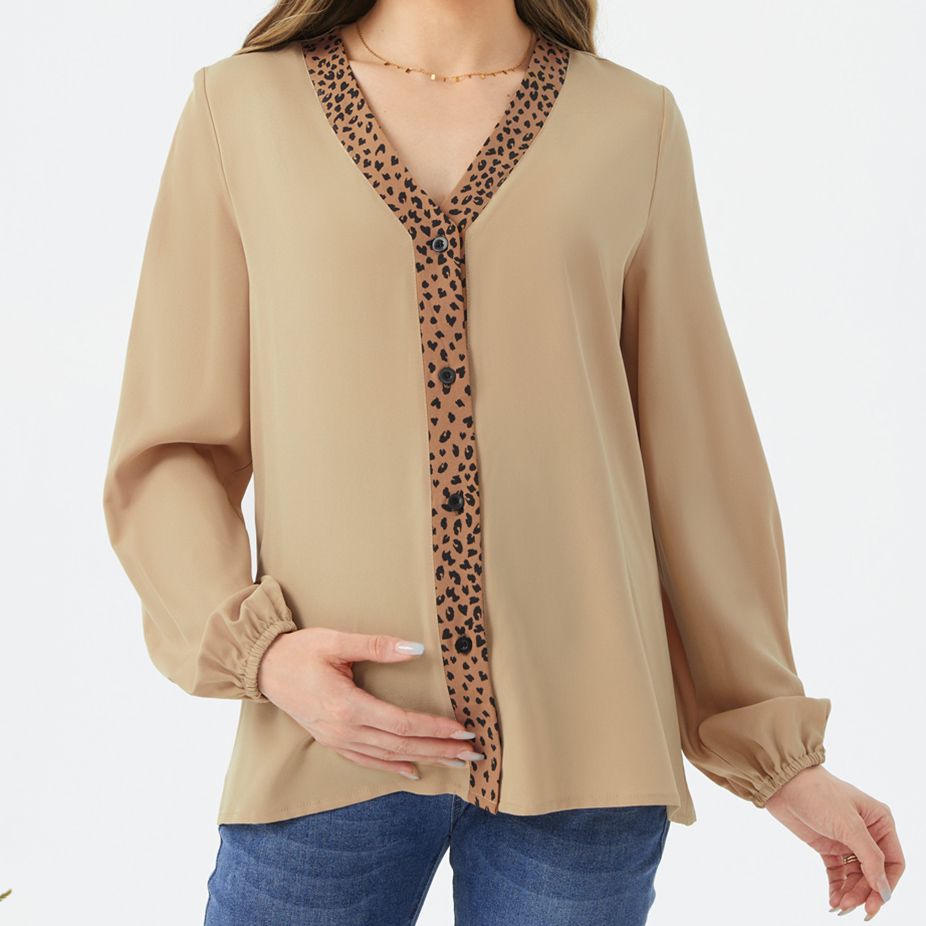 Nursing Contrast Leopard Long-sleeve Shirt LightKhaki