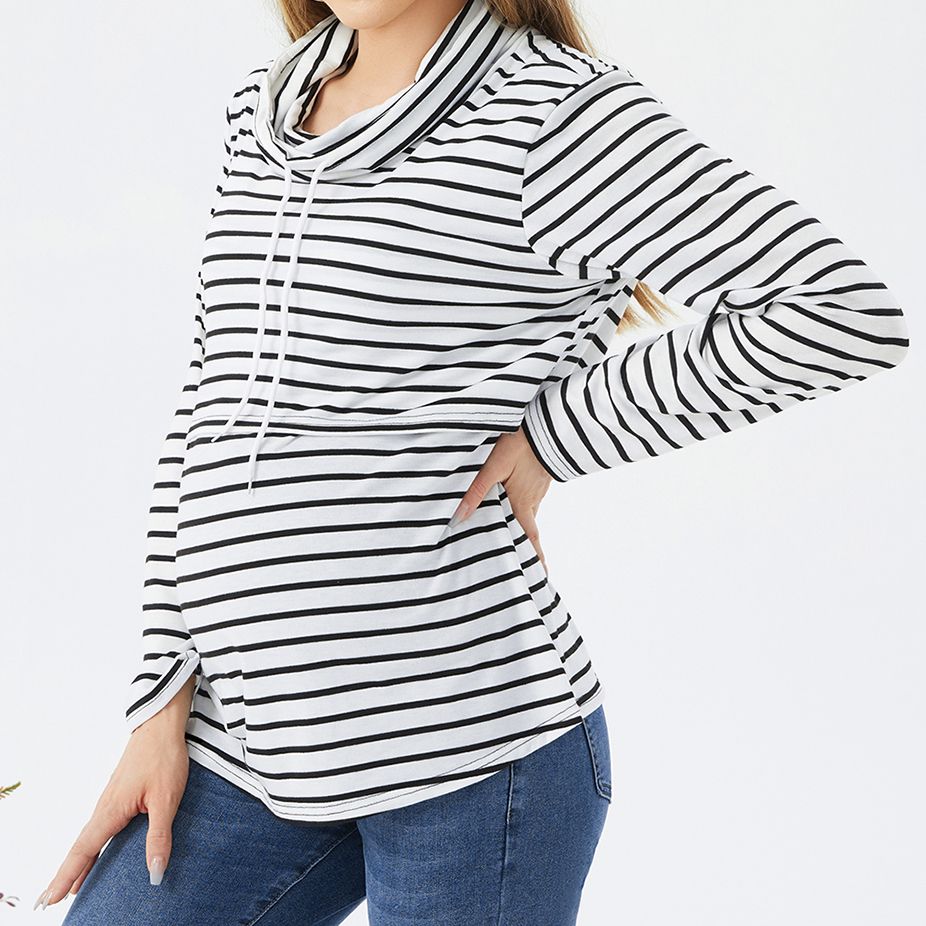 Nursing Stripe Half Turtleneck Drawstring Long-sleeve Top BlackandWhite big image 3