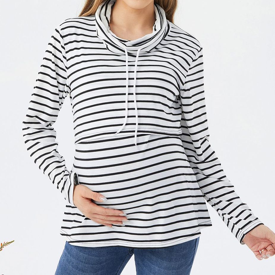 Nursing Stripe Half Turtleneck Drawstring Long-sleeve Top BlackandWhite big image 4
