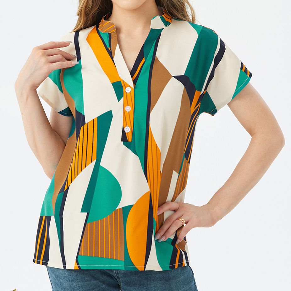 Nursing Geometric Print Button Half Placket Short-sleeve Top Colorful big image 3