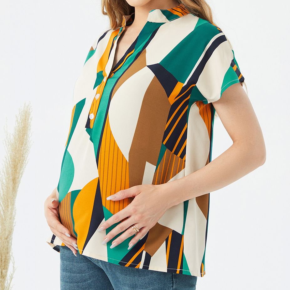 Nursing Geometric Print Button Half Placket Short-sleeve Top Colorful big image 4