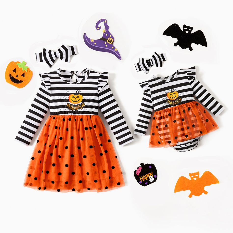 Halloween Sibling Matching Long-sleeve Graphic Striped Spliced Polka Dot Mesh Dress ColorBlock