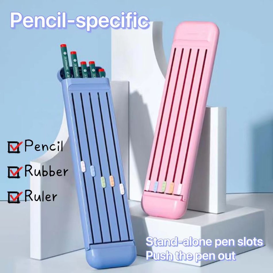 4-Piece Set Pencil Case Stationery Set Including Pencil Box & Eraser & Ruler & Pencils Students Stationery Supplies Pink