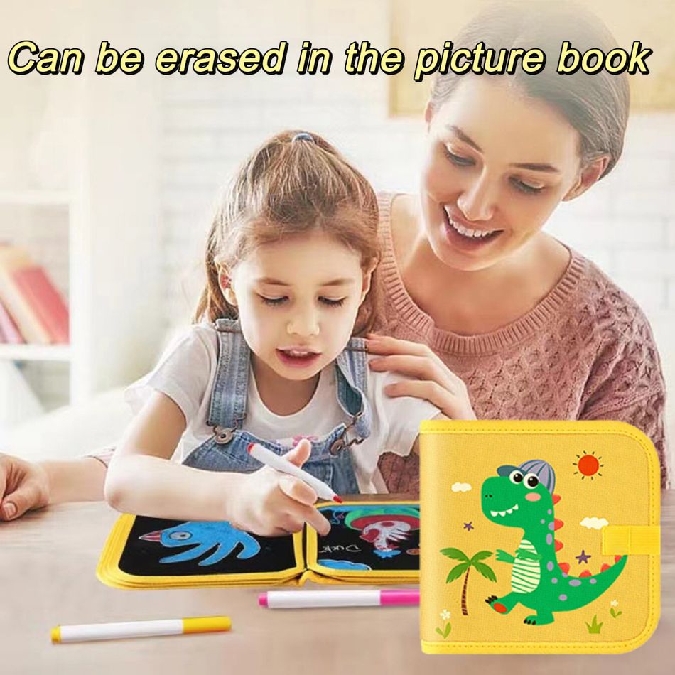 Kids Erasable Doodle Book Set Dinosaur Pattern Reusable Drawing Pads with 3 Watercolor Pens Art Toy Yellow big image 7