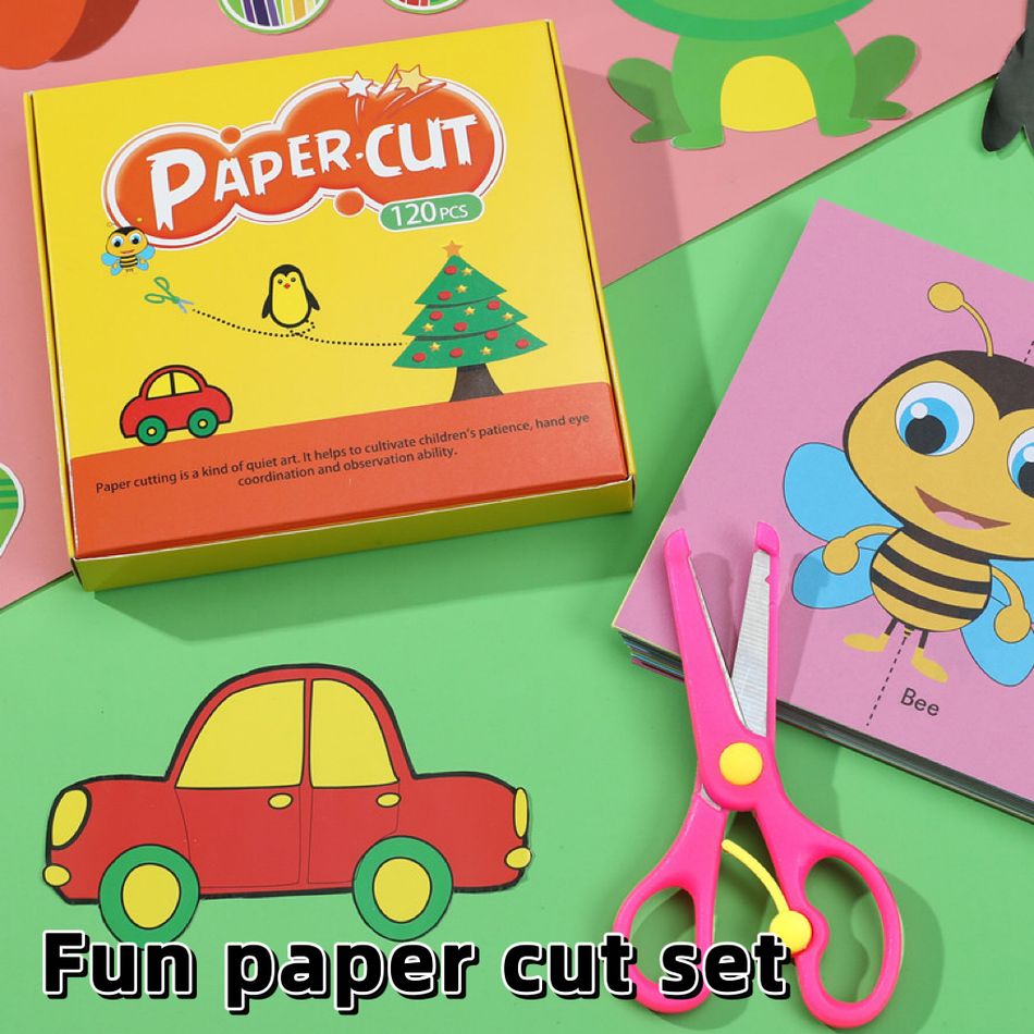 Conjunto de corte de papel divertido para crianças de 120 peças com tesoura de plástico origami kits de artesanato de tesoura de treinamento de arte de papel Multicolorido big image 9