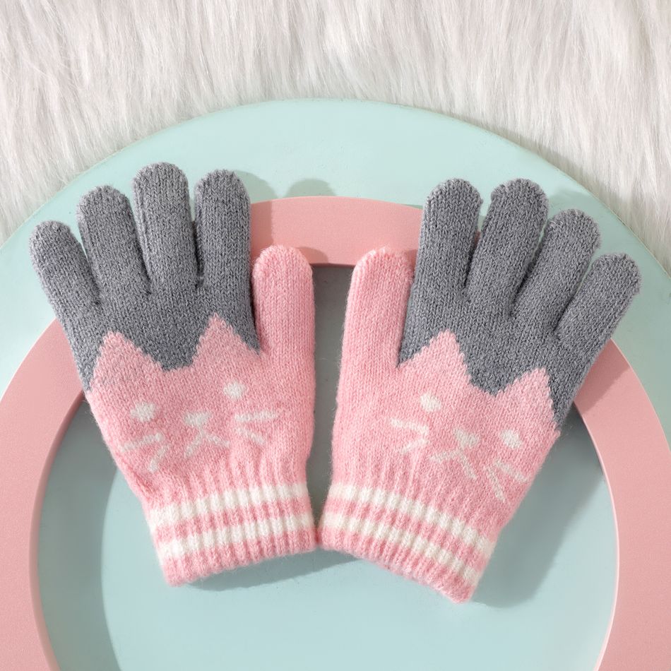 Toddler / Kid Cute Cat Kitten Pattern Knitted Gloves Pink big image 1