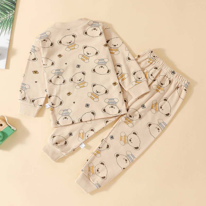 Home Cozy Toddler 100% Cotton Bear Print Long-sleeve Top and Allover Pants Set Beige big image 3