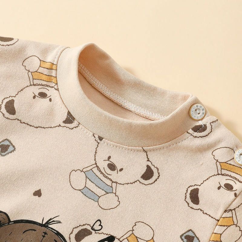 Home Cozy Toddler 100% Cotton Bear Print Long-sleeve Top and Allover Pants Set Beige big image 4