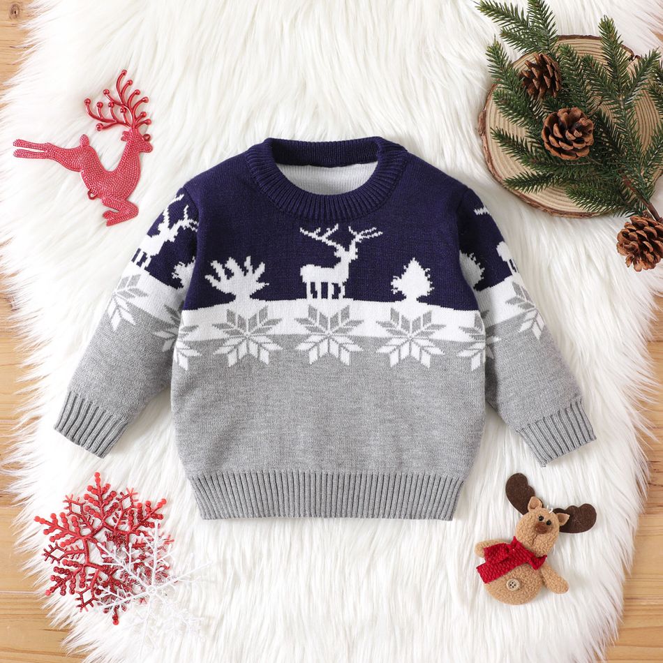 Christmas Baby Boy/Girl Deer & Snowflake Pattern Long-sleeve Colorblock Knitted Sweater Grey