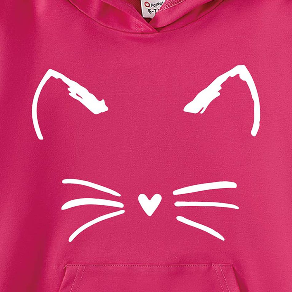 Kid Girl Cat Print Pocket Design Drop Shoulder Hoodie Sweatshirt Hot Pink big image 4