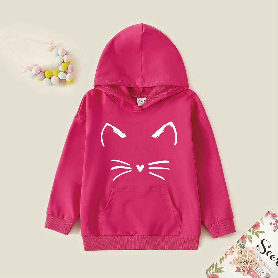 Kid Girl Cat Print Pocket Design Drop Shoulder Hoodie Sweatshirt Hot Pink